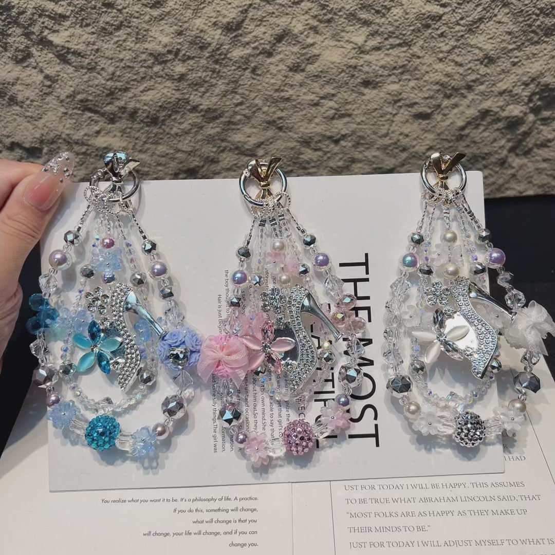 Rhinestone High‑Heel Multi‑Layer Beaded Phone Charm, Handmade Y2K Floral Crystal Bead Keychain, Cute Bag Pendant Ornament, Coquette Aesthetic Accessories for Girls