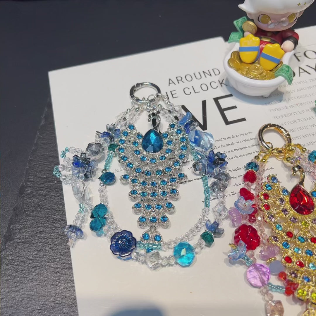Hand‑made Peacock Rhinestone Crystal Beaded Phone Charm, Vintage Ethnic Layered Bead Keychain Pendant, Luxury Bohemian Bag Hanging Ornament For Women