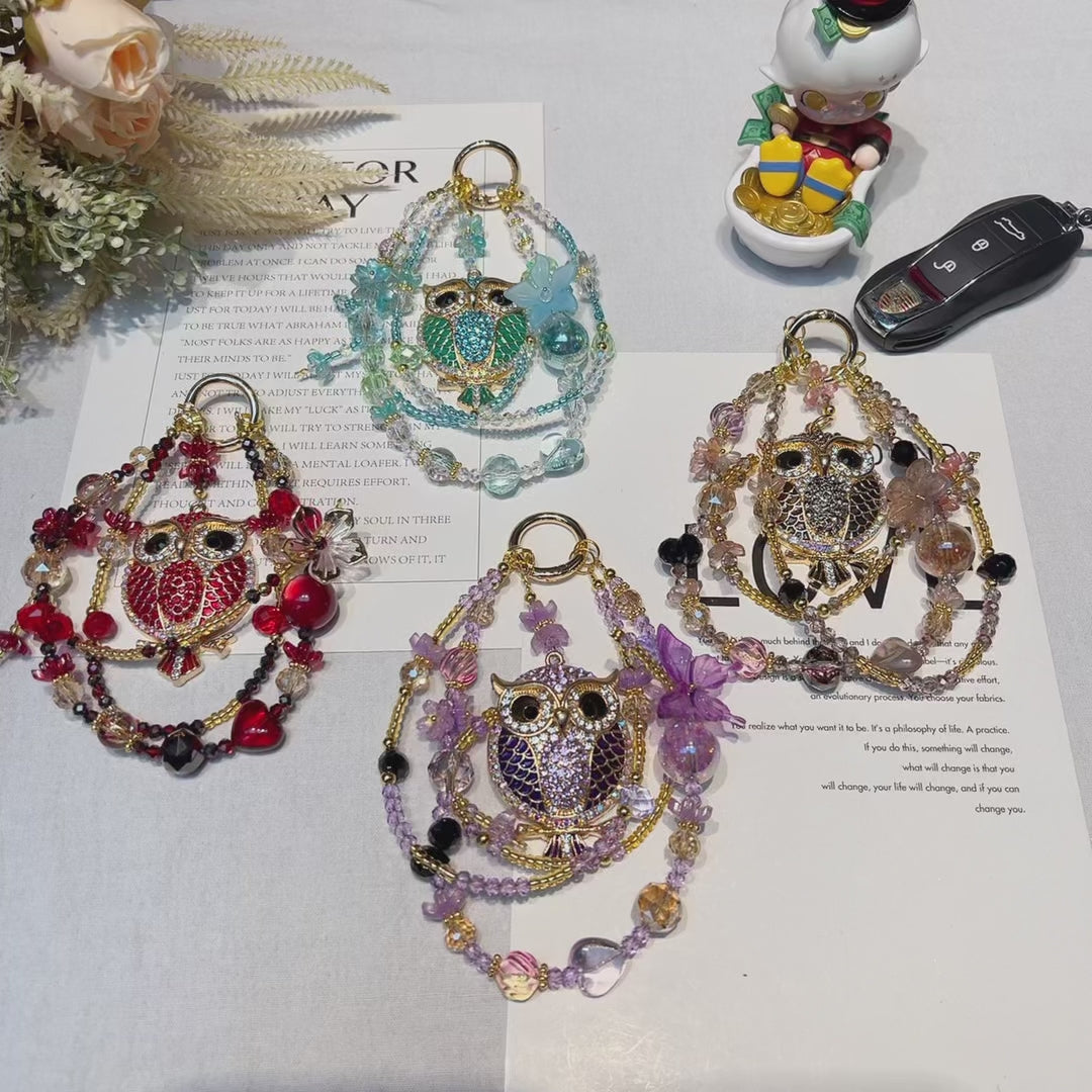 Rhinestone Owl Pendant Beaded Phone Wrist Strap, Multi‑Layer Handmade Crystal Bead Cellphone Lanyard, Luxury Flower Beads Keychain Bag Hanging Charm for Women