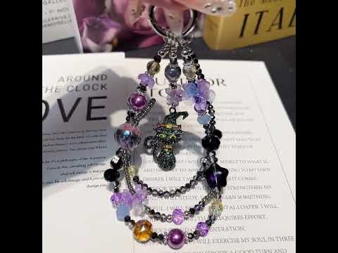 Handmade Layered Beaded Phone Case Charm, Rhinestone Witch Black Cat Pendant Gothic Spooky‑Season Halloween Bag Keychain Gift For Women