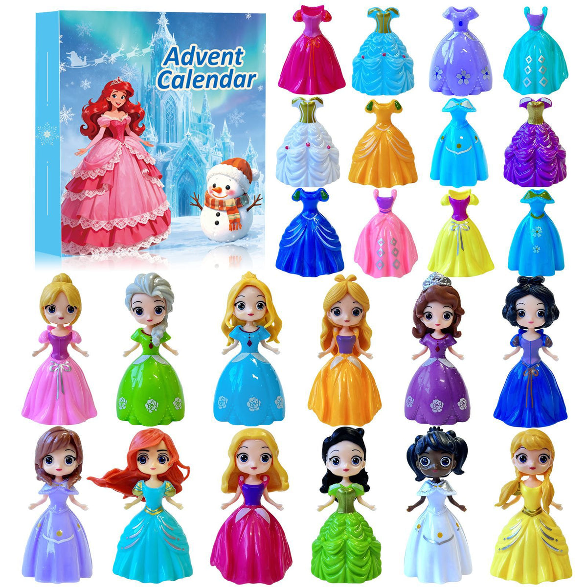 Princess Advent calendar set with 12 dolls and 12 interchangeable dresses
