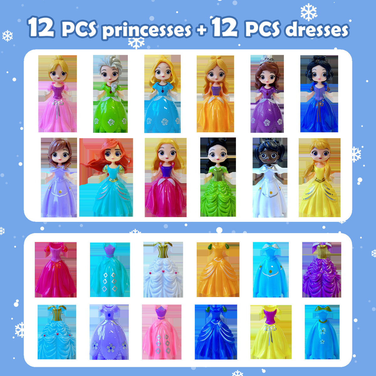 Overview of the 12 princess dolls and 12 additional dresses