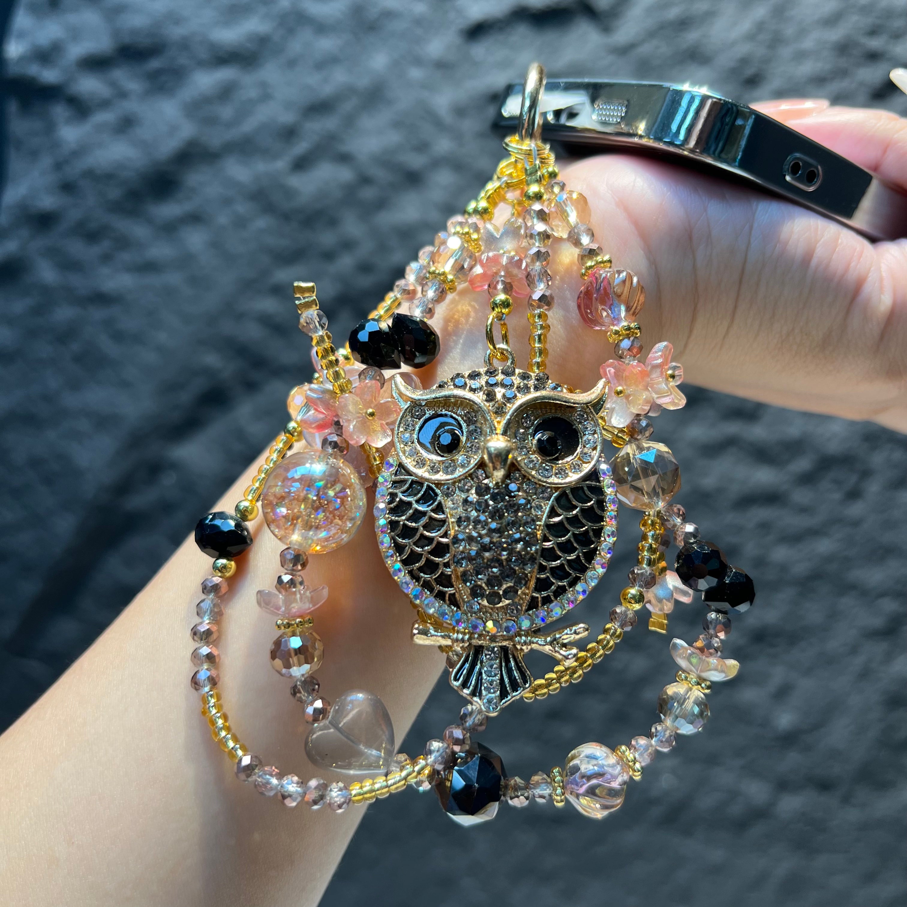 Rhinestone Owl Pendant Beaded Phone Wrist Strap, Multi‑Layer Handmade Crystal Bead Cellphone Lanyard, Luxury Flower Beads Keychain Bag Hanging Charm for Women