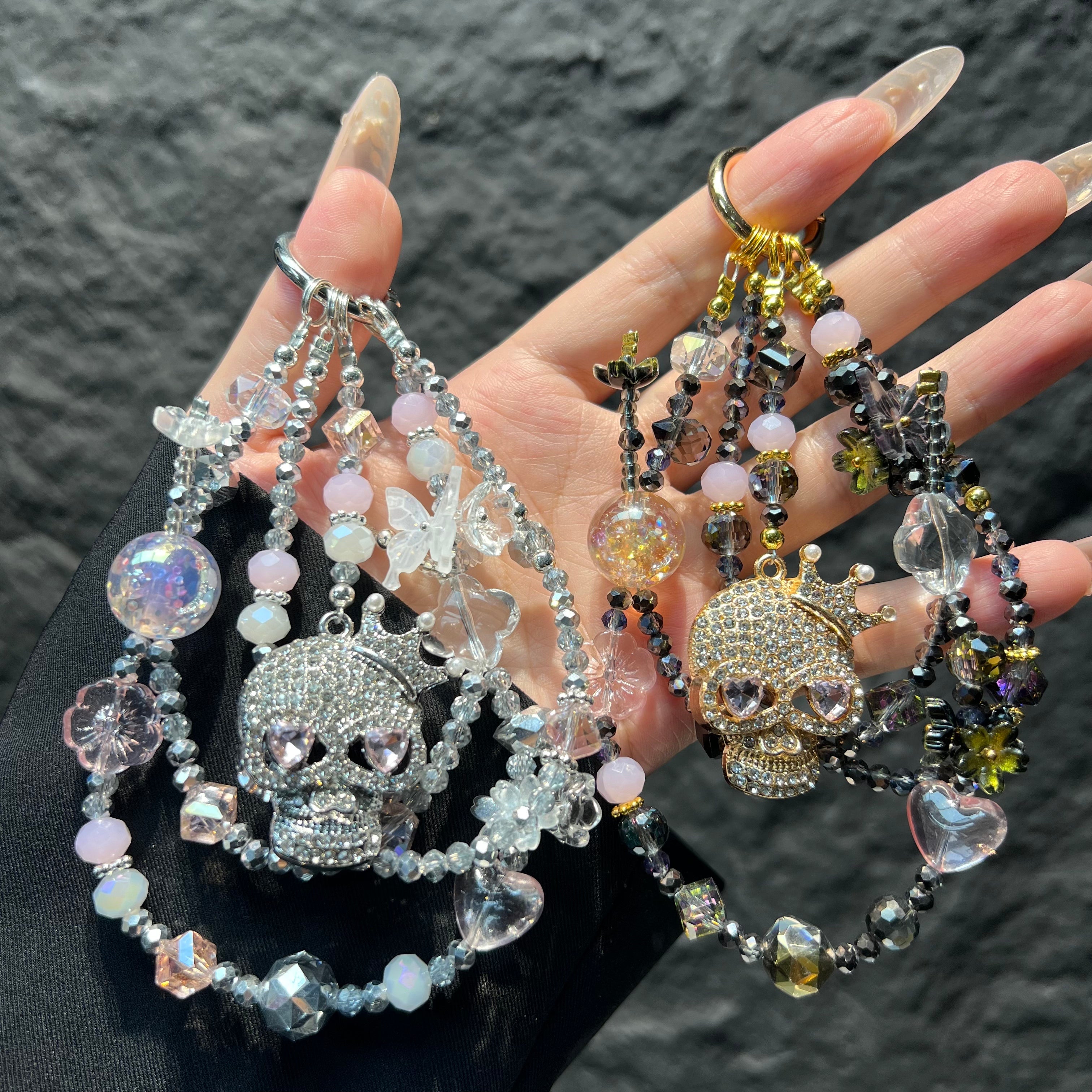 Handmade Layered Beaded Phone Case Charm, Rhinestone Witch Black Cat Pendant Gothic Spooky‑Season Halloween Bag Keychain Gift For Women