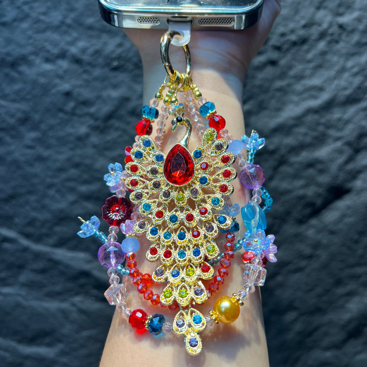 Hand‑made Peacock Rhinestone Crystal Beaded Phone Charm, Vintage Ethnic Layered Bead Keychain Pendant, Luxury Bohemian Bag Hanging Ornament For Women