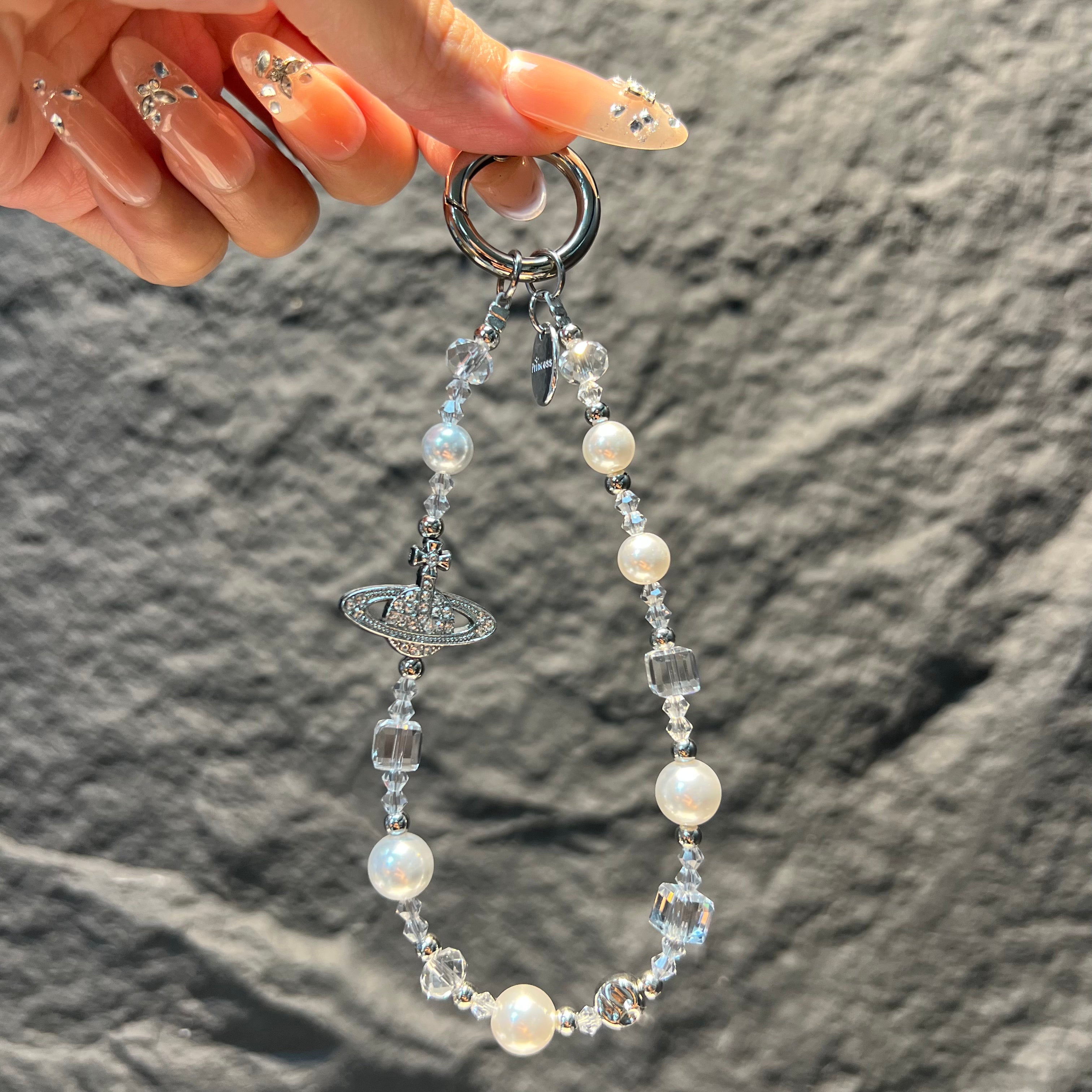 Saturn Charm Beaded Phone Lanyard, Hand‑made Pearl Crystal Bead Cell Phone Strap, Aesthetic Planet Pendant Keychain Bag Hanging Charm for Women