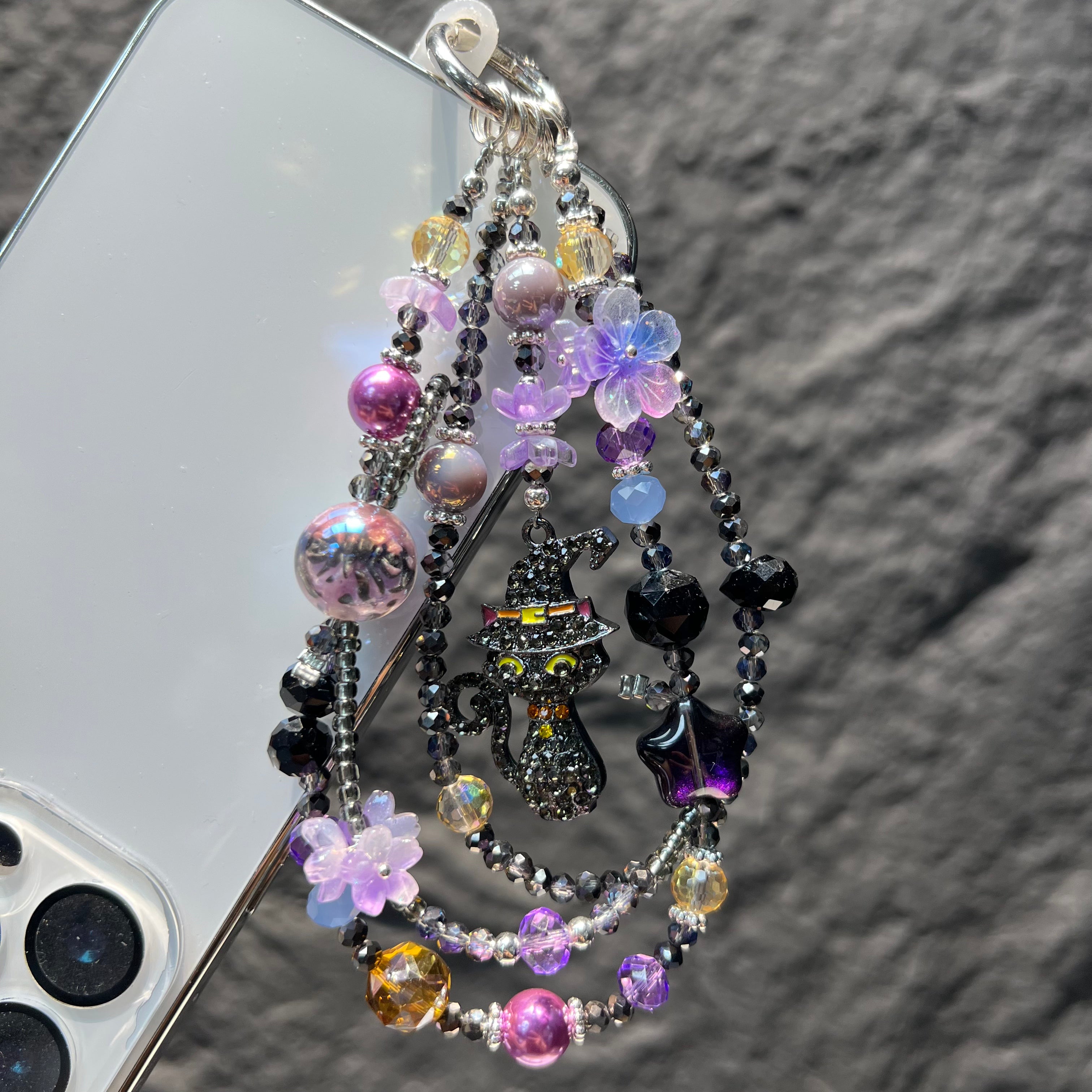 Handmade Layered Beaded Phone Case Charm, Rhinestone Witch Black Cat Pendant Gothic Spooky‑Season Halloween Bag Keychain Gift For Women