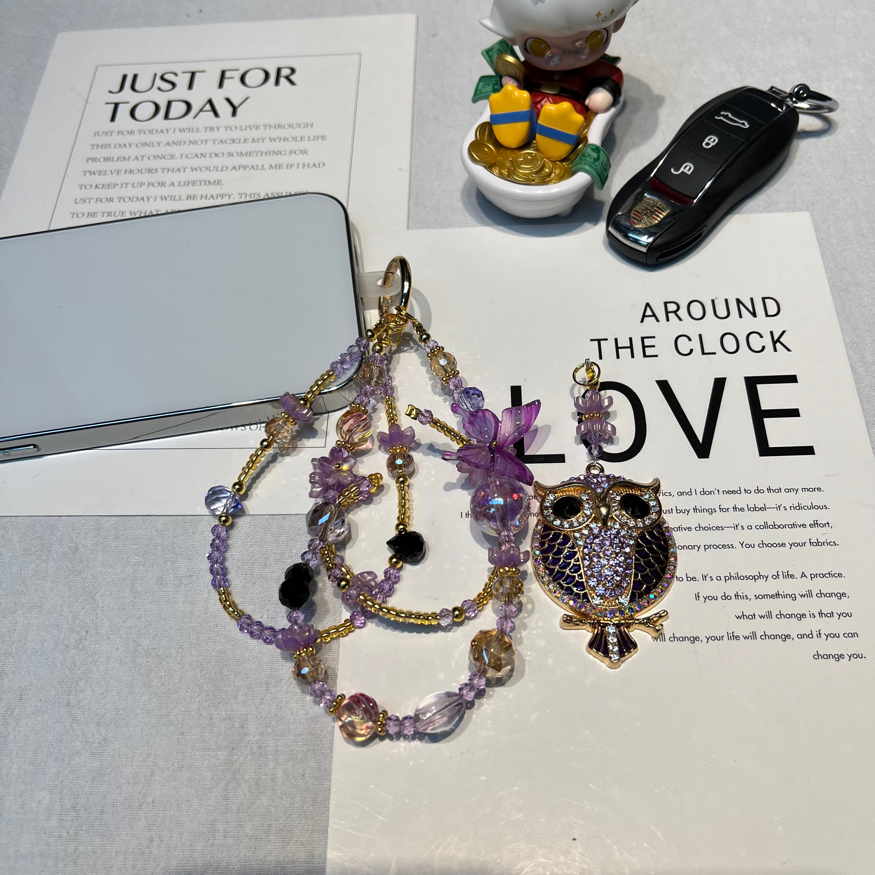 Rhinestone Owl Pendant Beaded Phone Wrist Strap, Multi‑Layer Handmade Crystal Bead Cellphone Lanyard, Luxury Flower Beads Keychain Bag Hanging Charm for Women