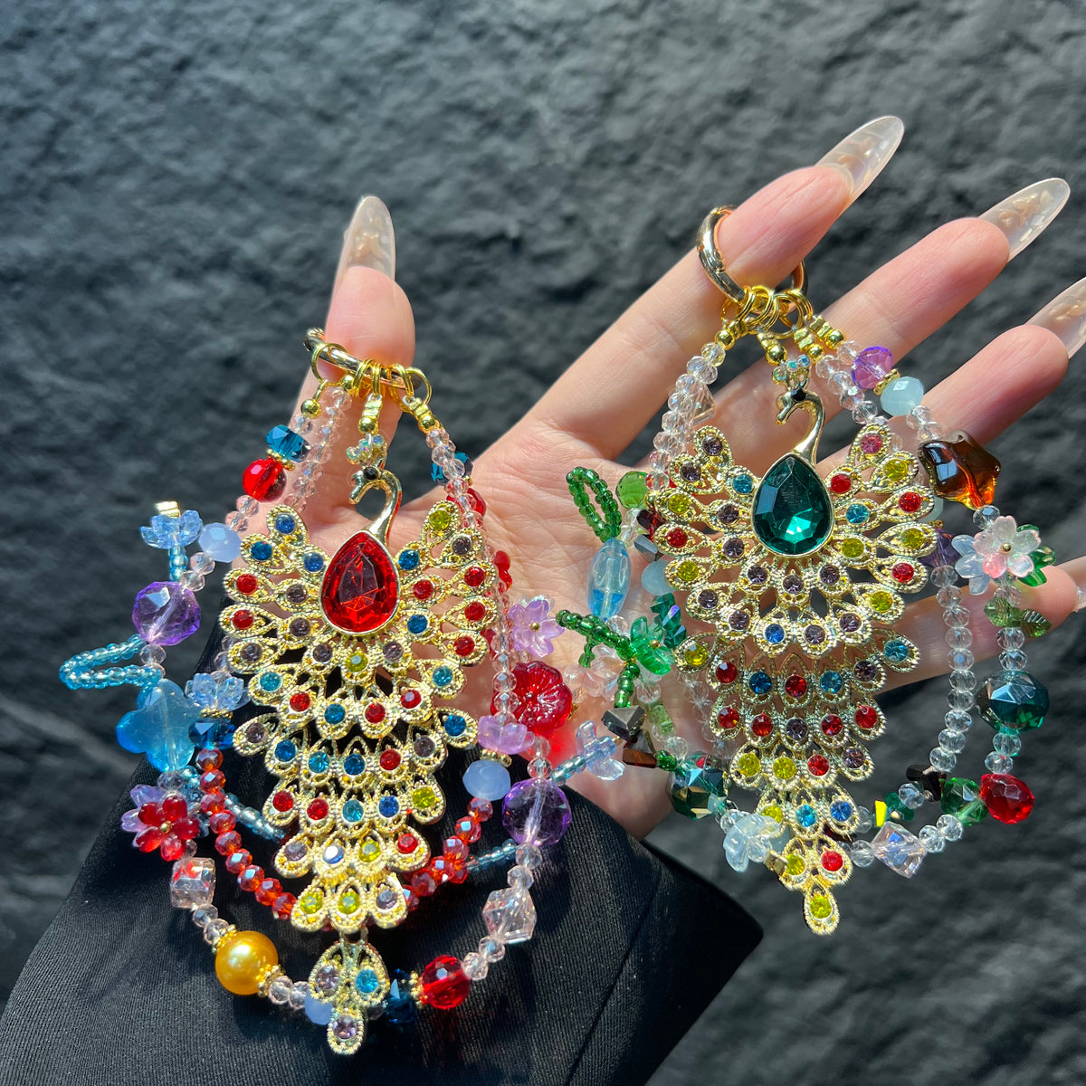 Hand‑made Peacock Rhinestone Crystal Beaded Phone Charm, Vintage Ethnic Layered Bead Keychain Pendant, Luxury Bohemian Bag Hanging Ornament For Women