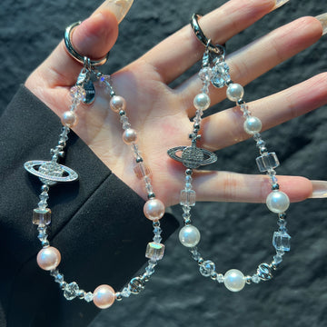 Saturn Charm Beaded Phone Lanyard, Hand‑made Pearl Crystal Bead Cell Phone Strap, Aesthetic Planet Pendant Keychain Bag Hanging Charm for Women
