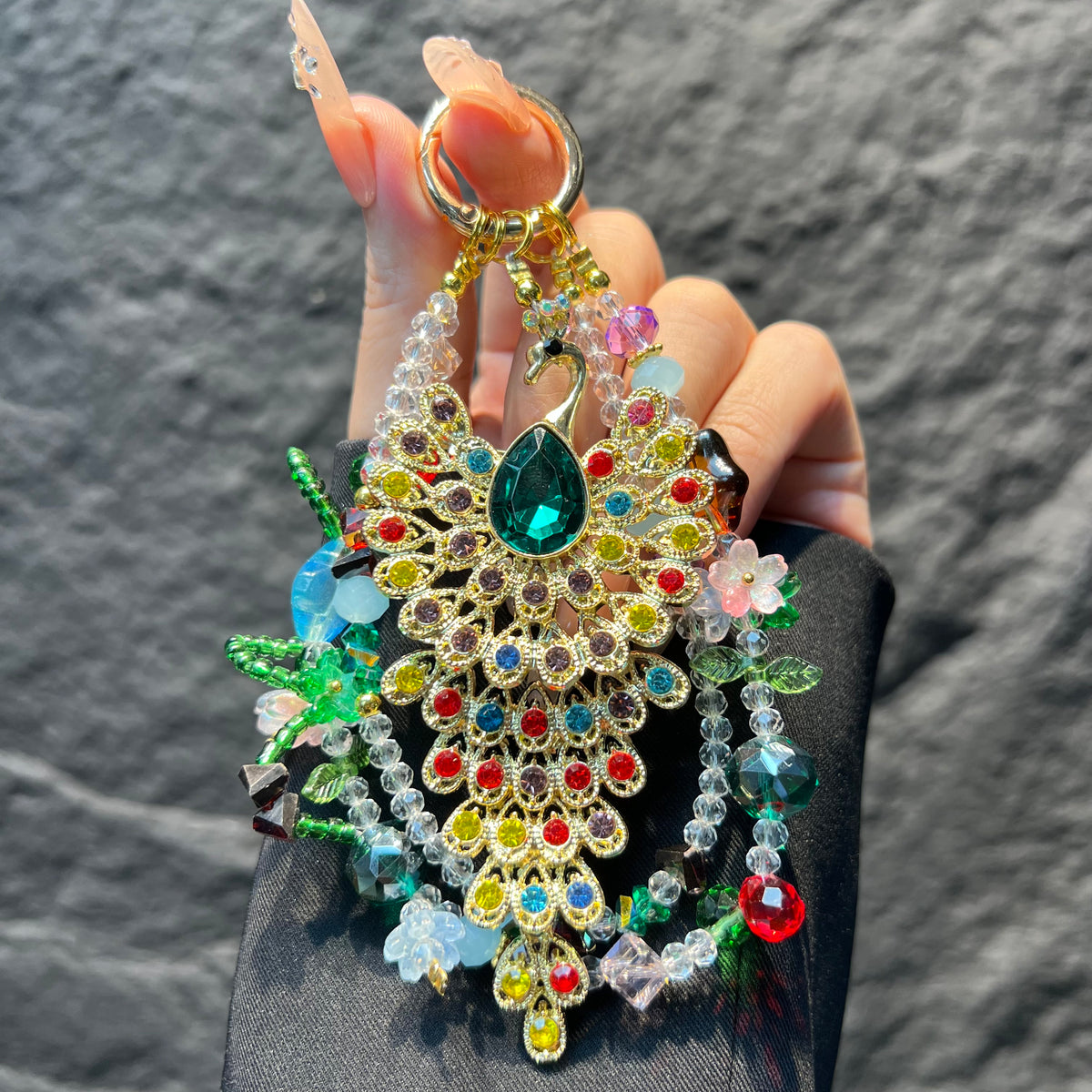 Hand‑made Peacock Rhinestone Crystal Beaded Phone Charm, Vintage Ethnic Layered Bead Keychain Pendant, Luxury Bohemian Bag Hanging Ornament For Women