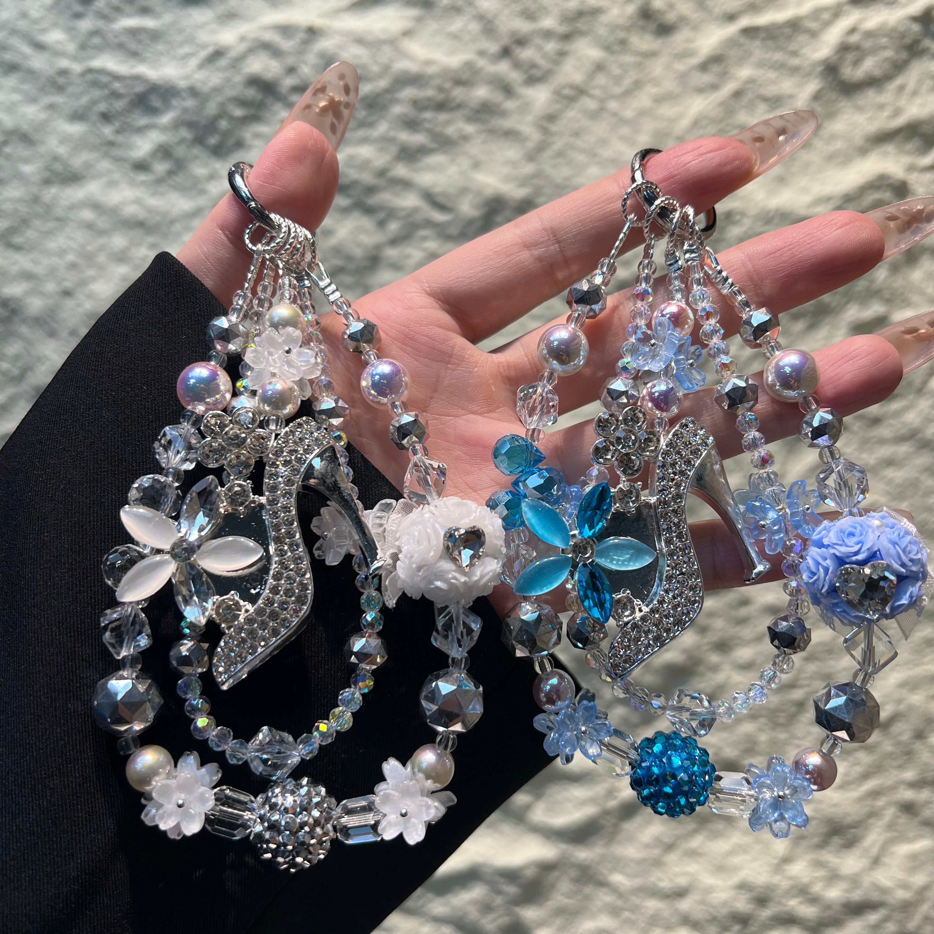 Rhinestone High‑Heel Multi‑Layer Beaded Phone Charm, Handmade Y2K Floral Crystal Bead Keychain, Cute Bag Pendant Ornament, Coquette Aesthetic Accessories for Girls