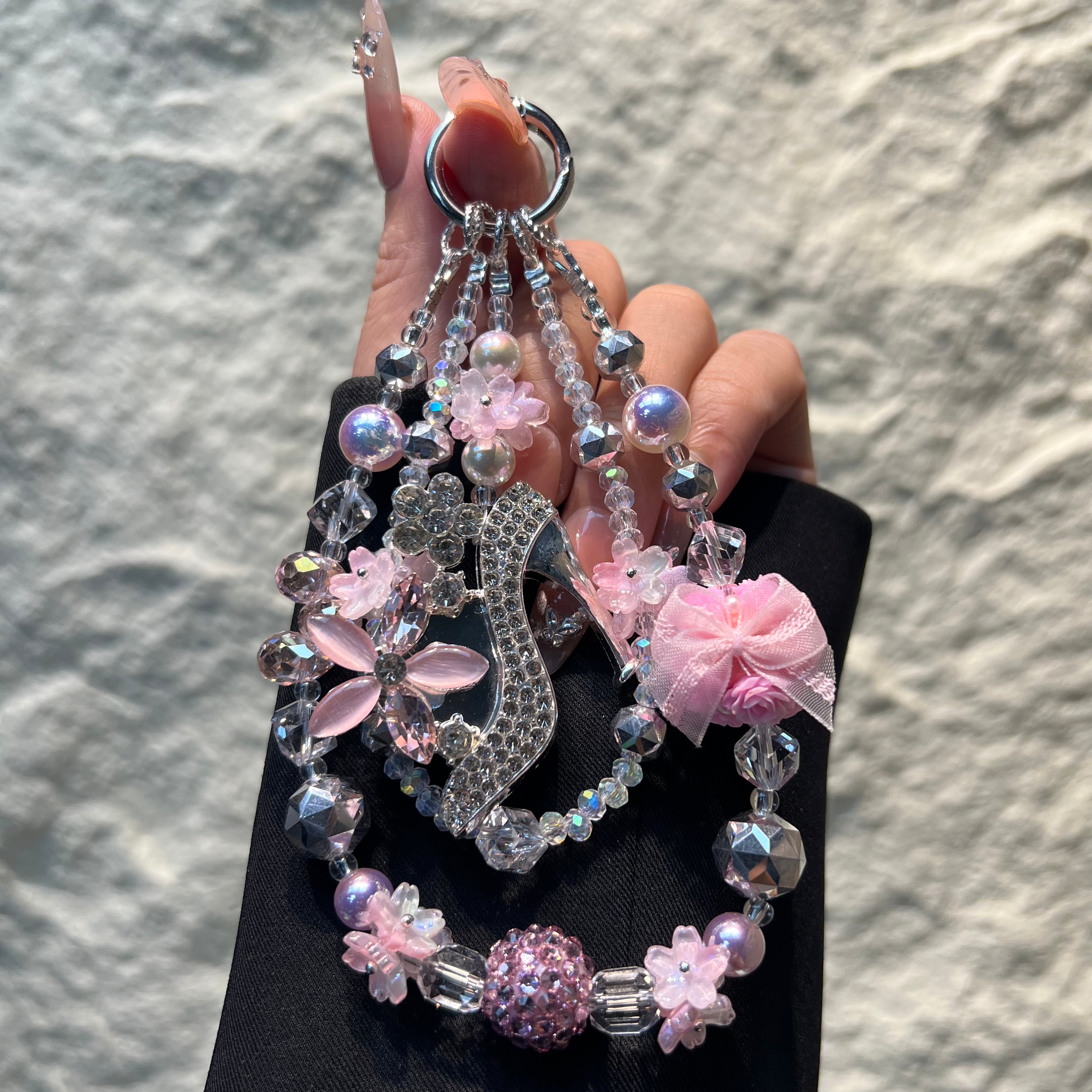 Rhinestone High‑Heel Multi‑Layer Beaded Phone Charm, Handmade Y2K Floral Crystal Bead Keychain, Cute Bag Pendant Ornament, Coquette Aesthetic Accessories for Girls