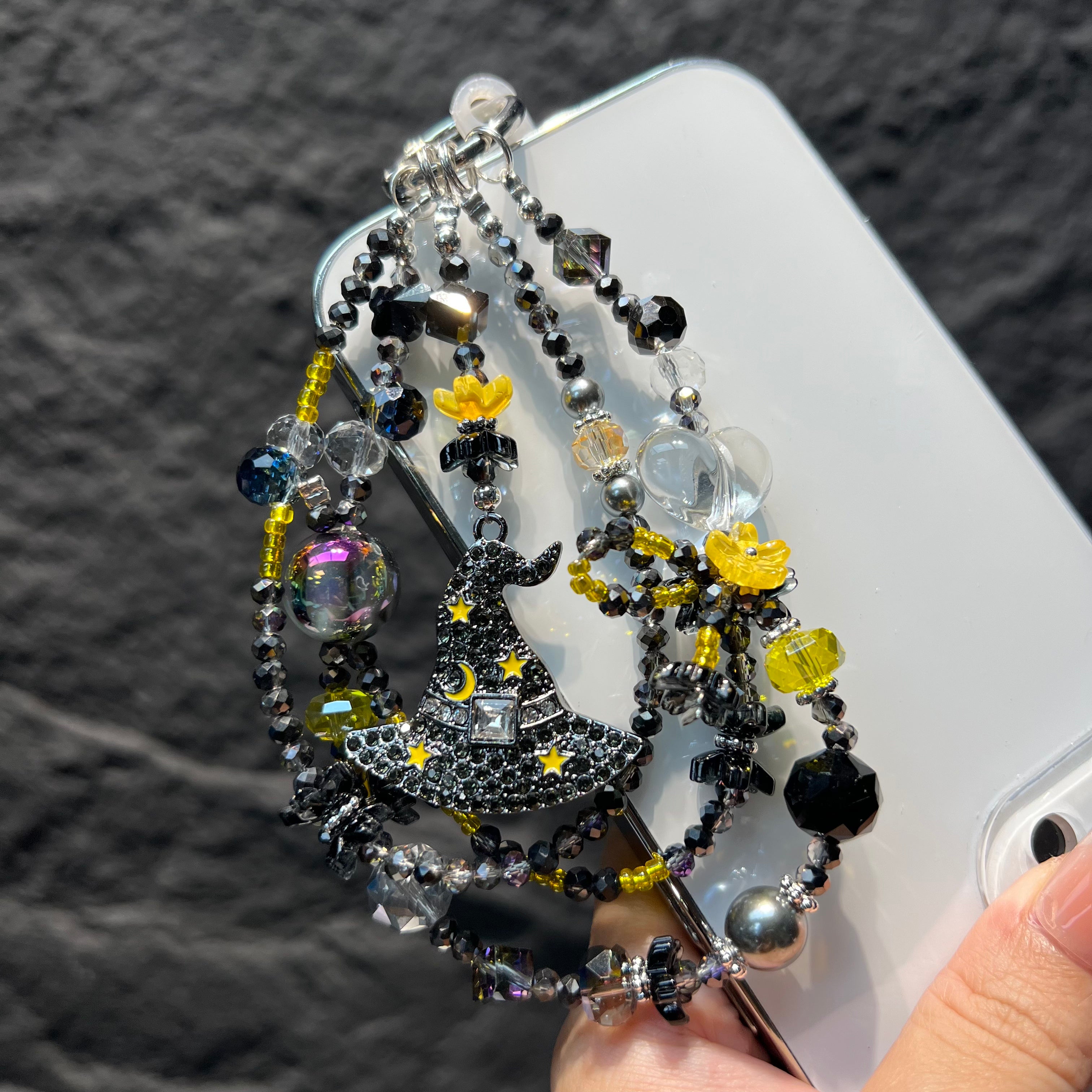 Handmade Layered Beaded Phone Case Charm, Rhinestone Witch Black Cat Pendant Gothic Spooky‑Season Halloween Bag Keychain Gift For Women