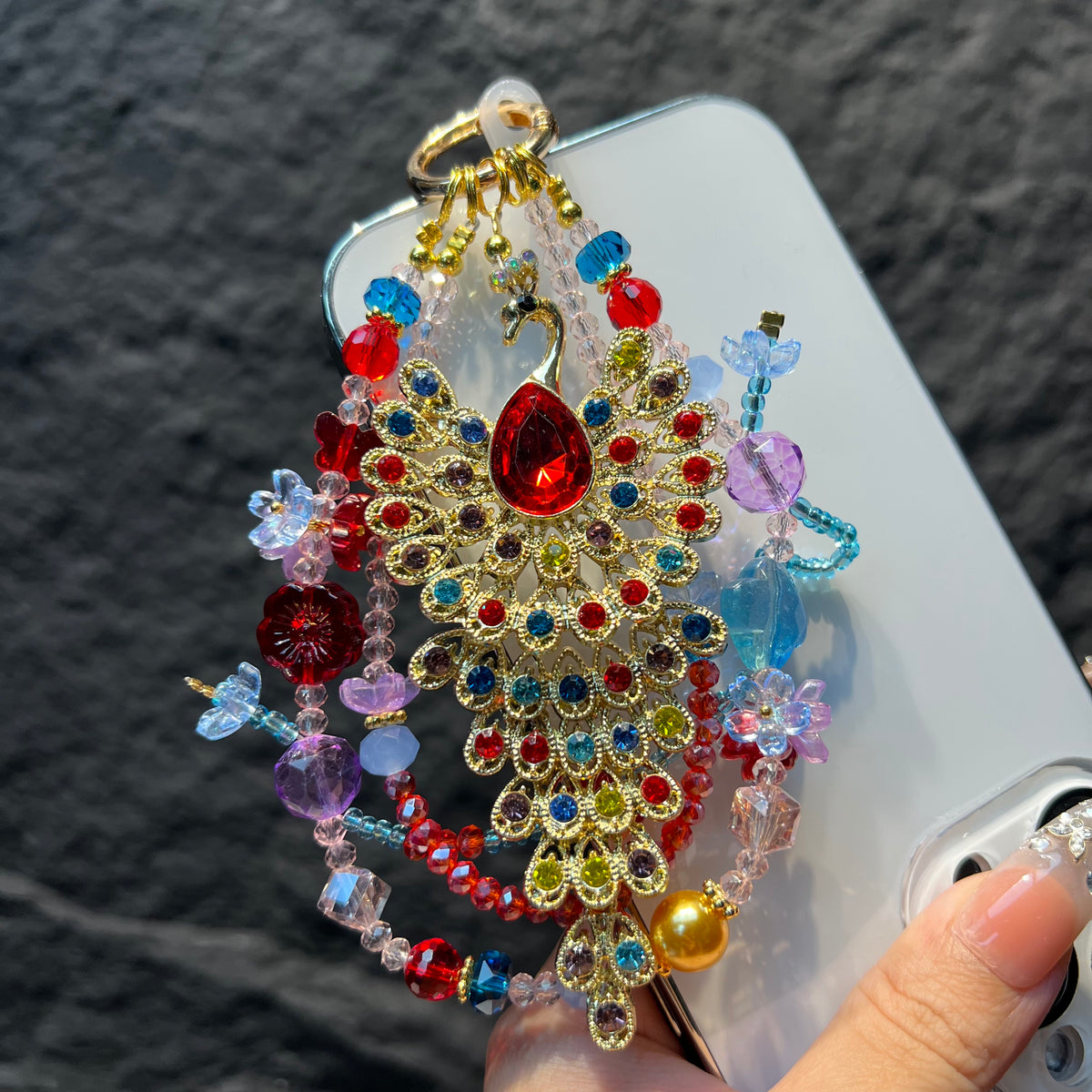 Hand‑made Peacock Rhinestone Crystal Beaded Phone Charm, Vintage Ethnic Layered Bead Keychain Pendant, Luxury Bohemian Bag Hanging Ornament For Women