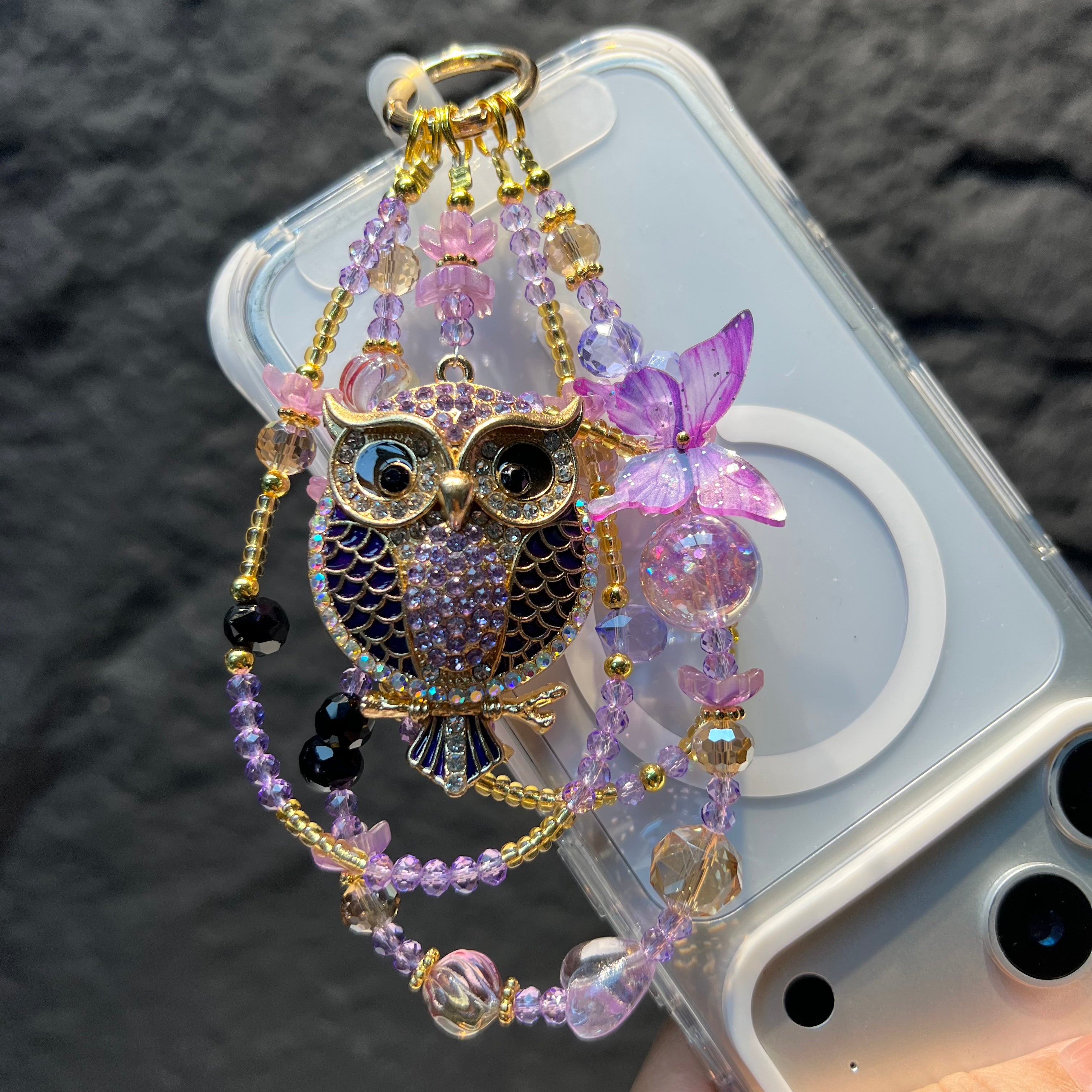 Rhinestone Owl Pendant Beaded Phone Wrist Strap, Multi‑Layer Handmade Crystal Bead Cellphone Lanyard, Luxury Flower Beads Keychain Bag Hanging Charm for Women