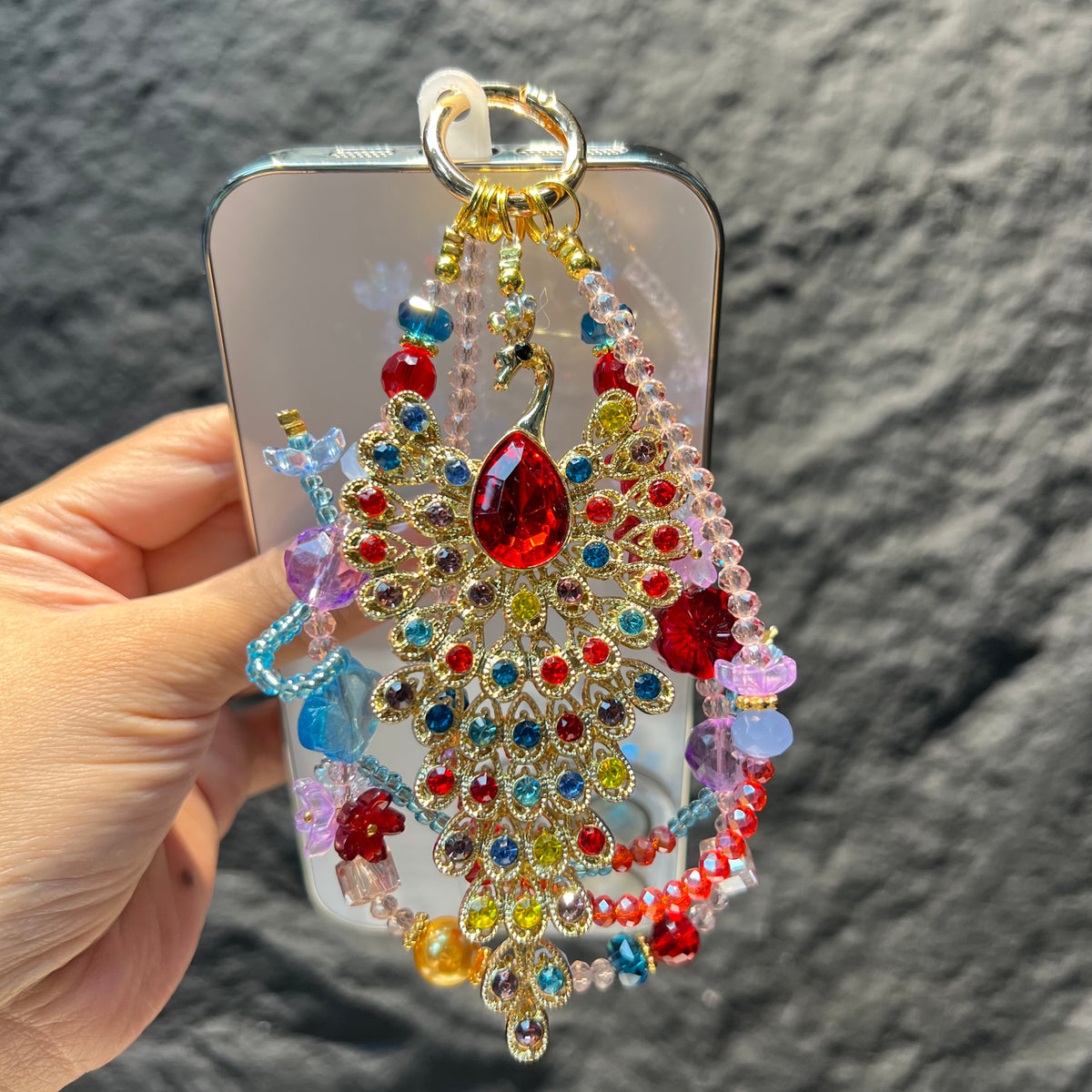 Hand‑made Peacock Rhinestone Crystal Beaded Phone Charm, Vintage Ethnic Layered Bead Keychain Pendant, Luxury Bohemian Bag Hanging Ornament For Women