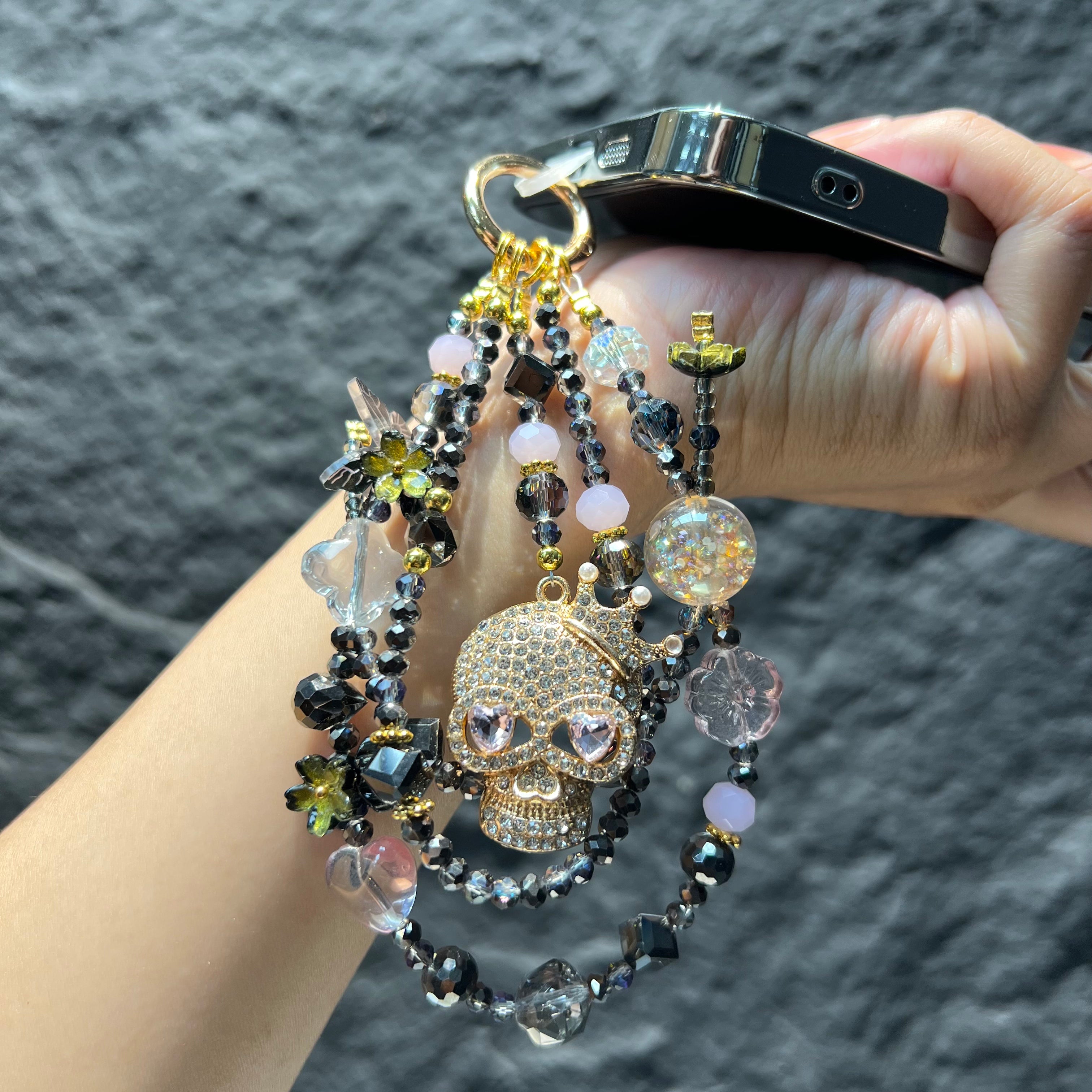 Handmade Layered Beaded Phone Case Charm, Rhinestone Witch Black Cat Pendant Gothic Spooky‑Season Halloween Bag Keychain Gift For Women