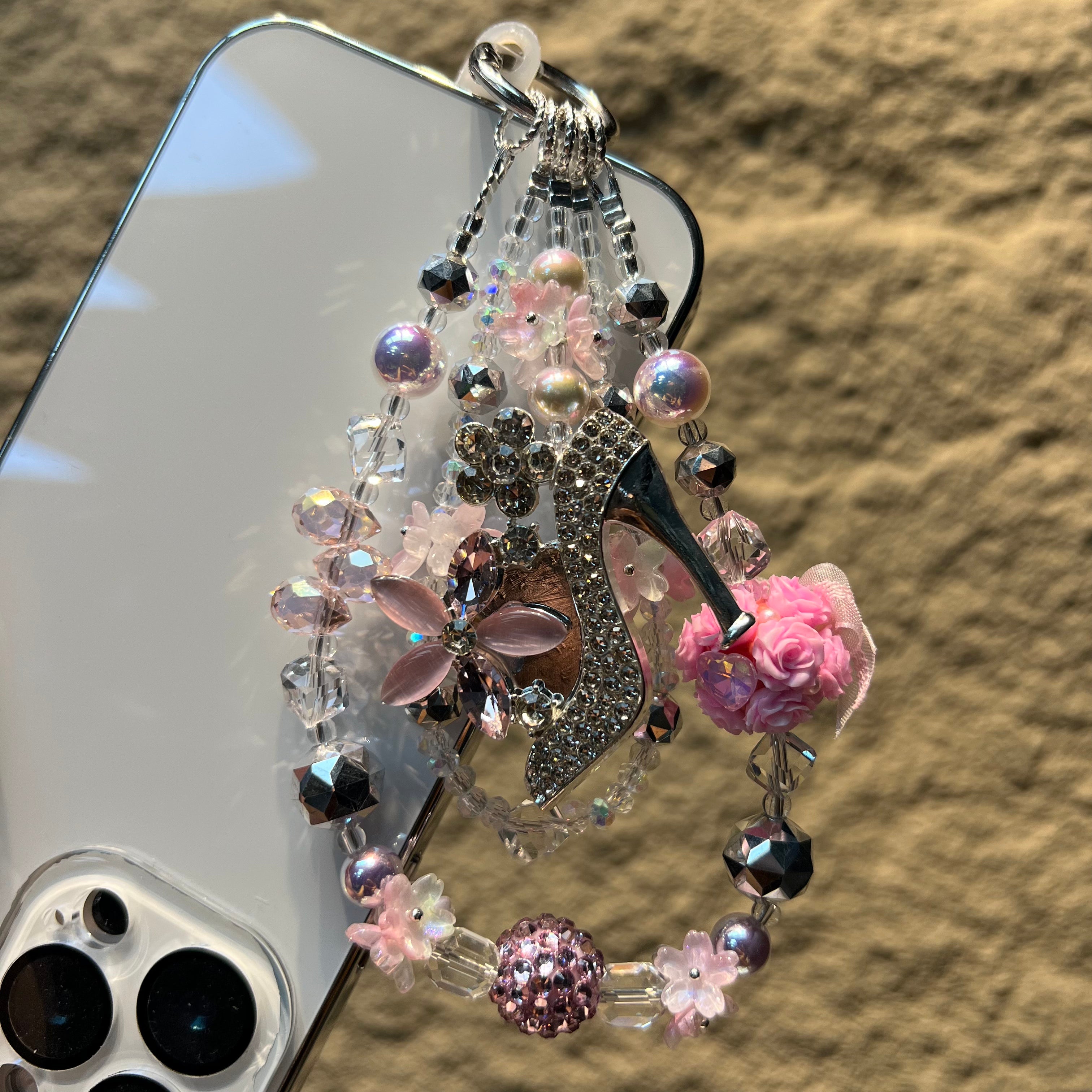 Rhinestone High‑Heel Multi‑Layer Beaded Phone Charm, Handmade Y2K Floral Crystal Bead Keychain, Cute Bag Pendant Ornament, Coquette Aesthetic Accessories for Girls